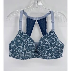 Cacique Simply Wire Free Plunge Bra Womens 44C Blue Floral Lace T-Back Racerback